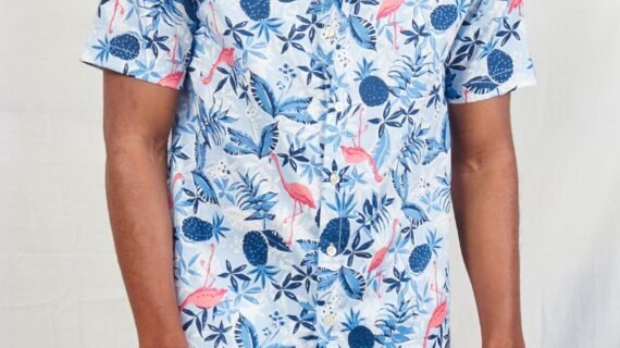 Stylish Comfort: Blue Pink Flamingo Chinese Collar Button Down Shirt for Men