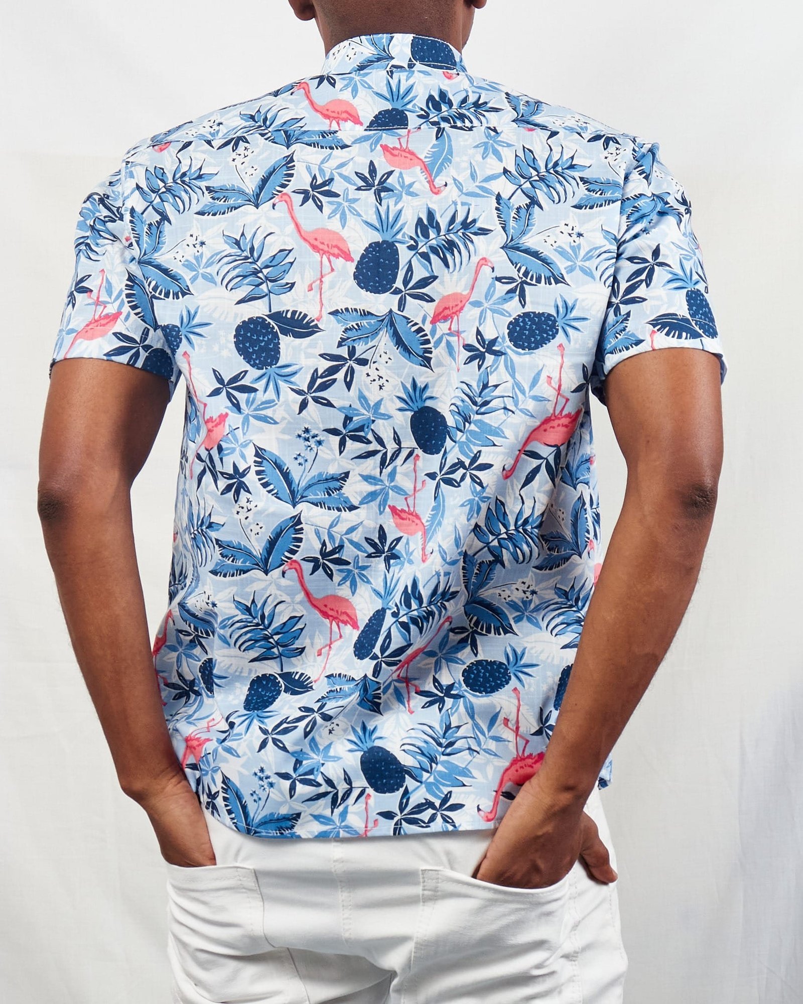 Stylish Comfort: Blue Pink Flamingo Chinese Collar Button Down Shirt for Men - Image 4