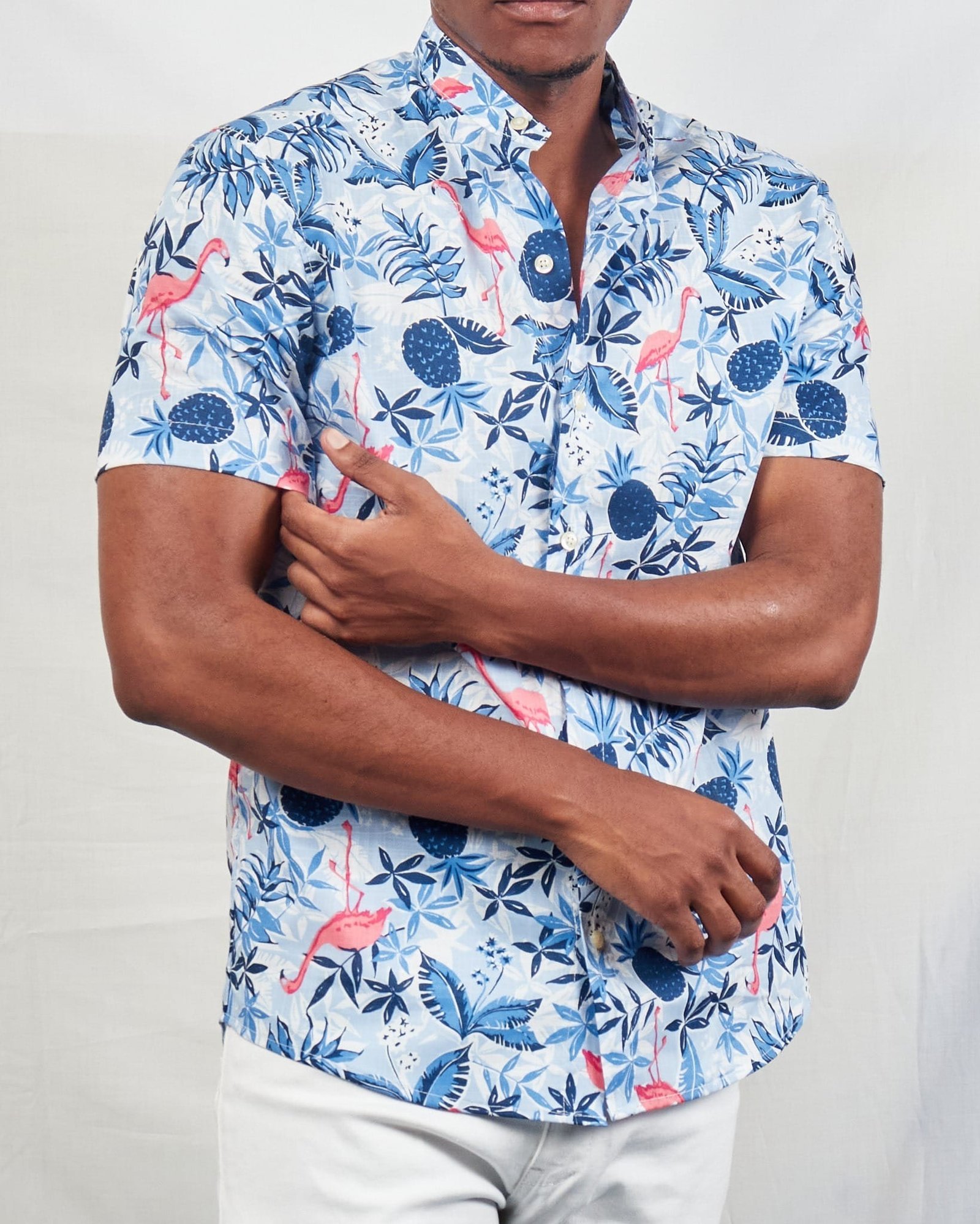 Stylish Comfort: Blue Pink Flamingo Chinese Collar Button Down Shirt for Men - Image 2