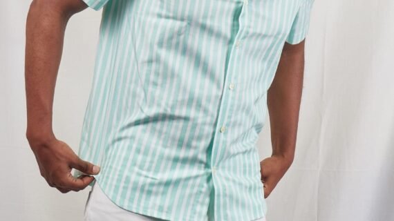 Green and White Striped Short sleeved Shirt