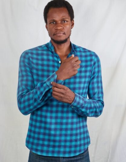Blue plaid Checked pop-over mens shirt
