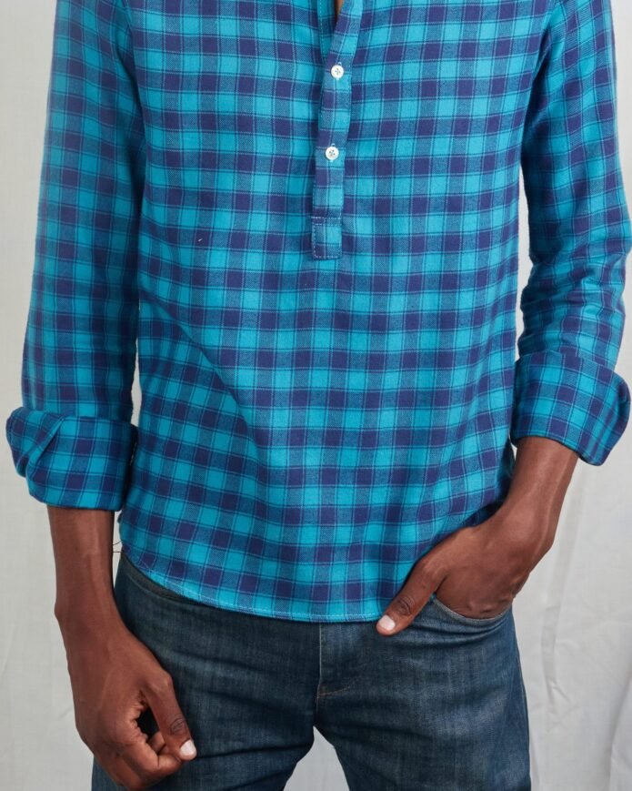 Blue plaid Checked pop-over mens shirt - Image 4