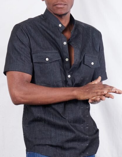 Black two pocket half plaquette men's denim jeans casual shirt