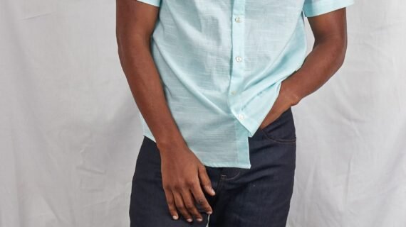 Horizontal Sky Blue Striped Short-Sleeved Men's Casual Shirt