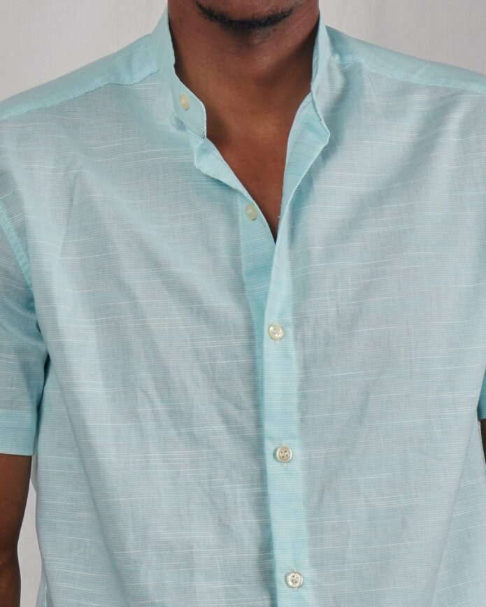Horizontal Sky Blue Striped Short-Sleeved Men's Casual Shirt - Image 4