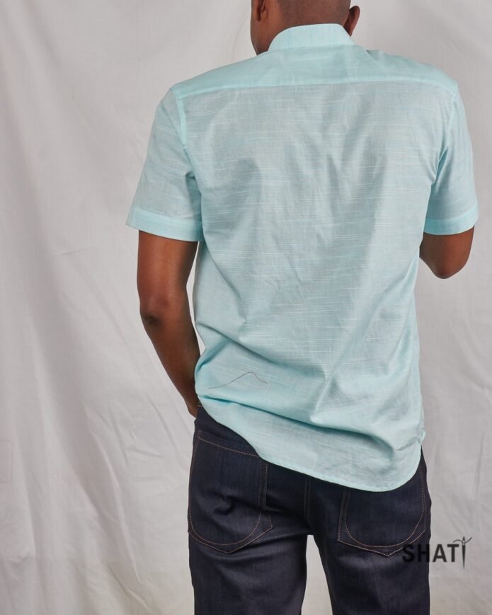 Horizontal Sky Blue Striped Short-Sleeved Men's Casual Shirt - Image 3