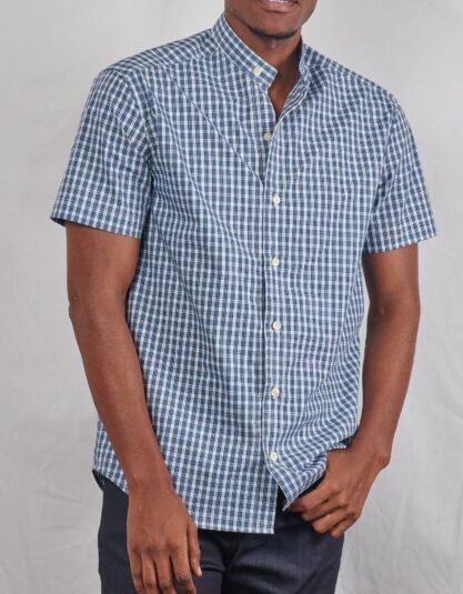 Men's Blue Checkered Plaid Short Sleeve Button Down Shirt – Chinese Collar Casual Summer Shirt