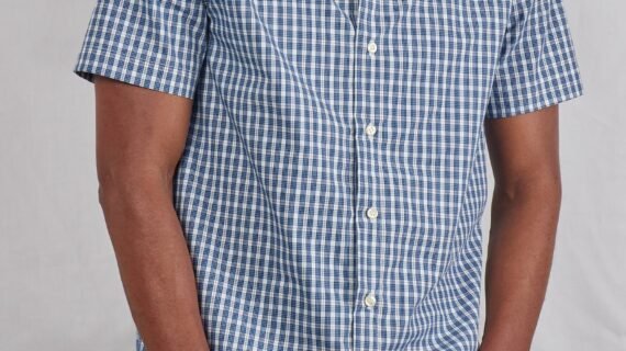 Men's Blue Checkered Plaid Short Sleeve Button Down Shirt – Chinese Collar Casual Summer Shirt