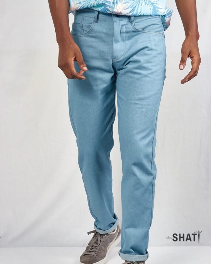 Men's Light Blue Washed Tapered Jeans – Non-Stretch Denim Pants – Classic Faded Slim Fit Casual Jeans for Men - Image 2