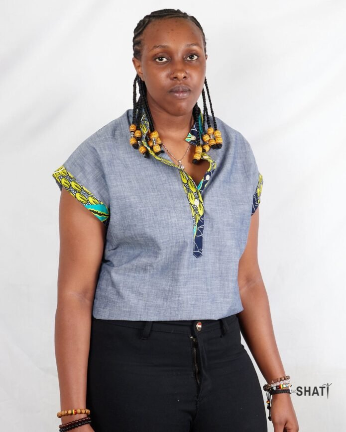 Batwing Sleeve Pop-Over Kitenge Chinese Collar Women's Shirt - Image 2