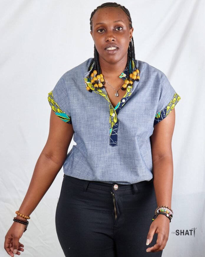 Batwing Sleeve Pop-Over Kitenge Chinese Collar Women's Shirt