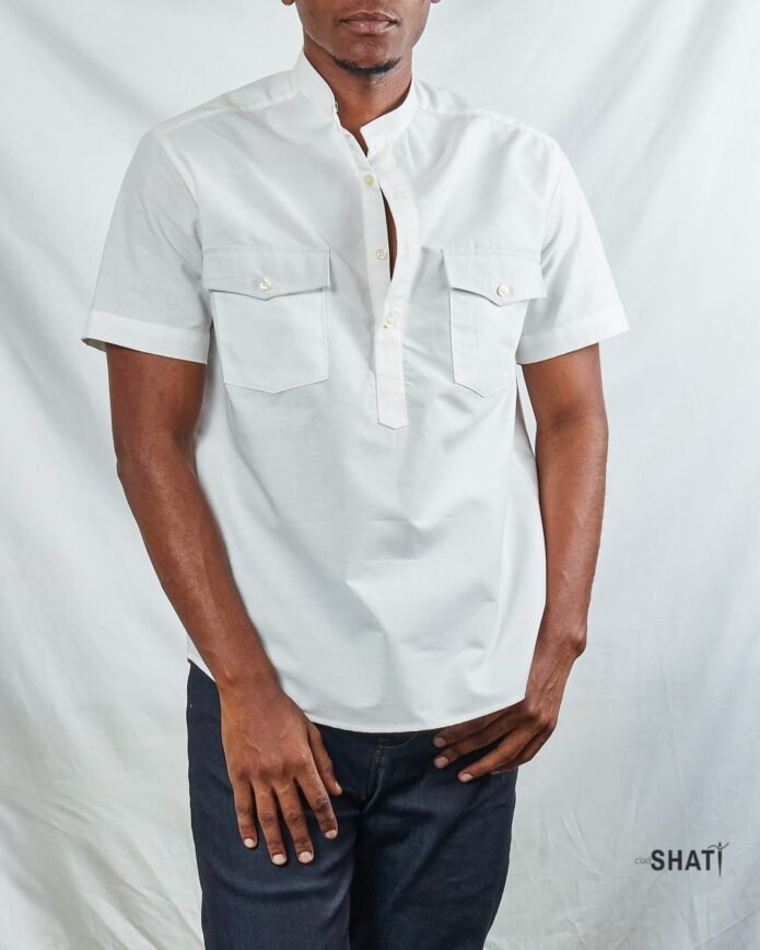 Two Pockets Chinese Collar Short Sleeved Men's White Shirt - Image 2