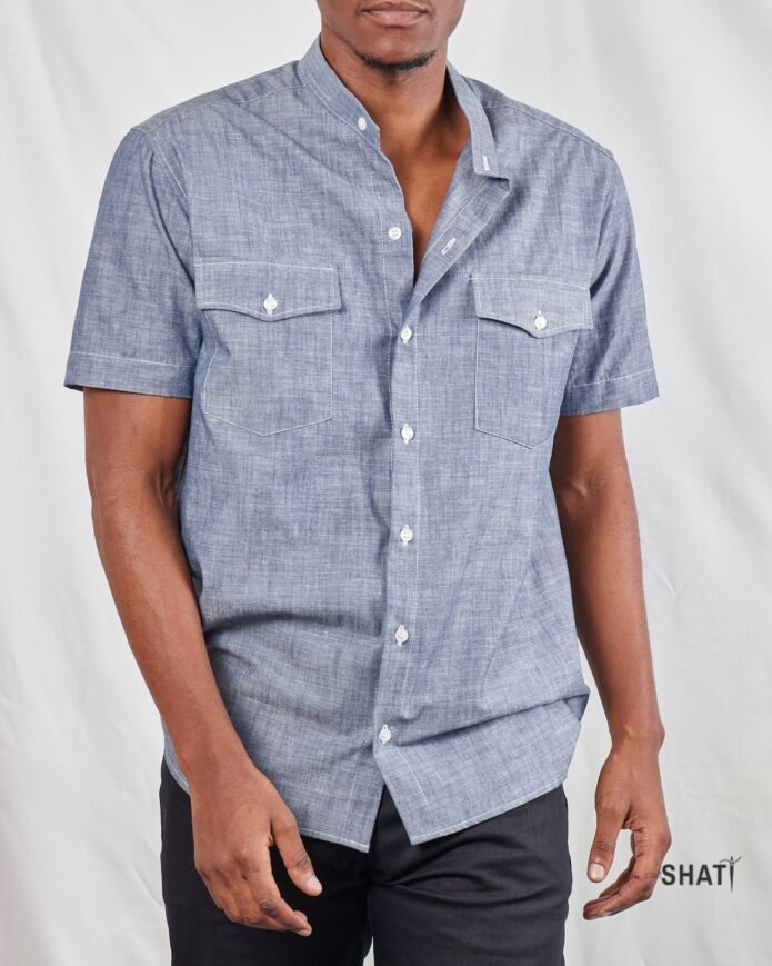 Chambray Denim two Pockets Full Button Down Shirt - Image 2