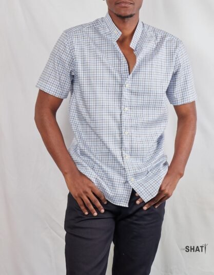 Men's blue and gray checked short sleeved Chinese Collar shirt