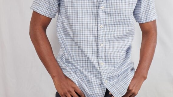 Men's blue and gray checked short sleeved Chinese Collar shirt