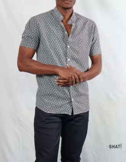 Modern Black & White Floral Print Short Sleeve Mens Shirt with Chinese Collar