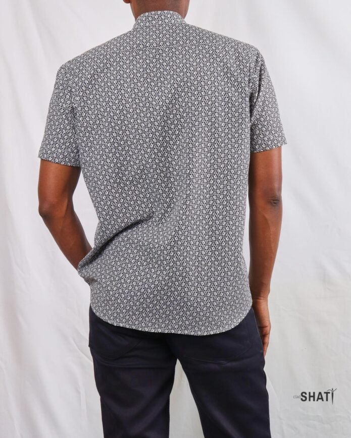 Modern Black & White Floral Print Short Sleeve Mens Shirt with Chinese Collar - Image 3