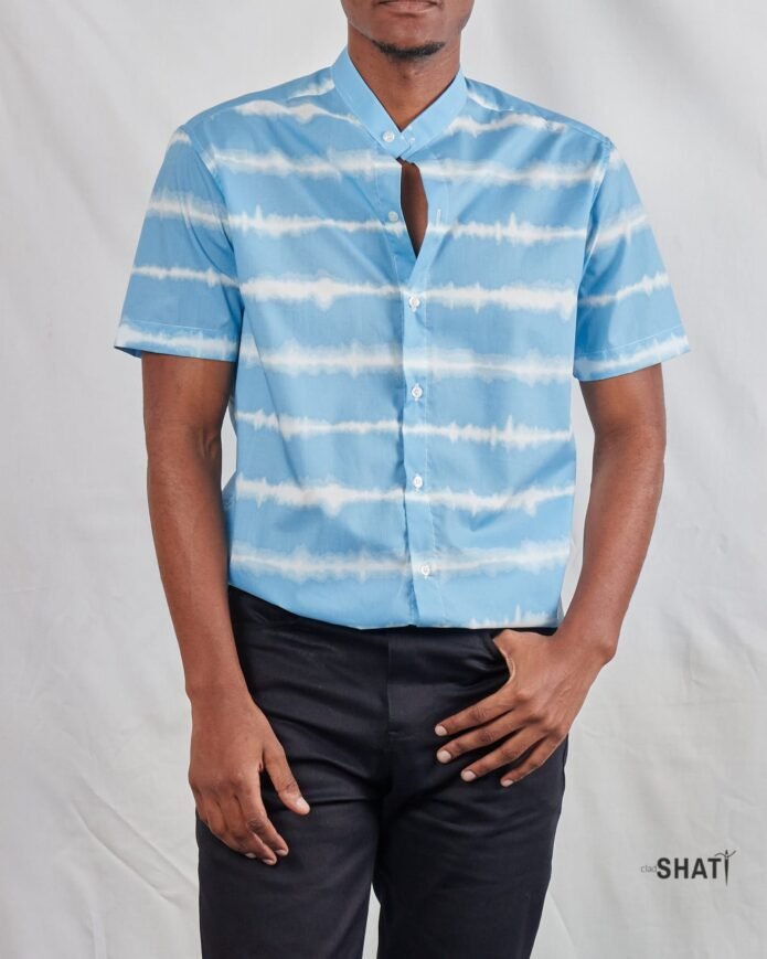 Sky Blue & White Horizontal Striped Short Sleeve Chinese Collar Men's Summer Shirt - Image 2