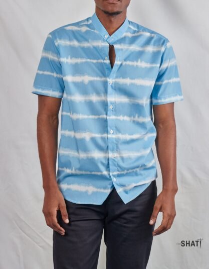 Sky Blue & White Horizontal Striped Short Sleeve Chinese Collar Men's Summer Shirt