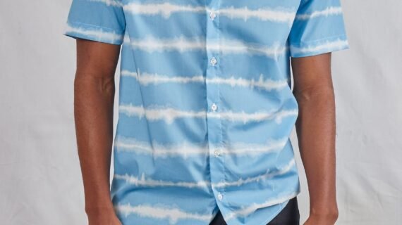 Sky Blue & White Horizontal Striped Short Sleeve Chinese Collar Men's Summer Shirt
