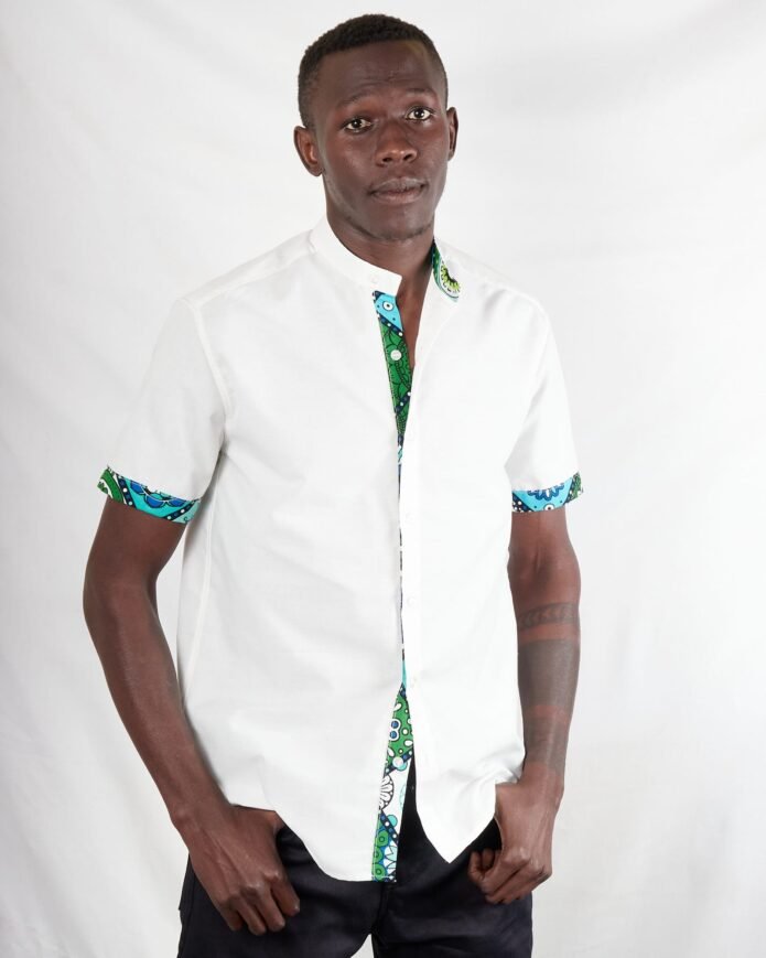 White Chinese Collar Ankara Kitenge Short Sleeve Shirt - Image 3