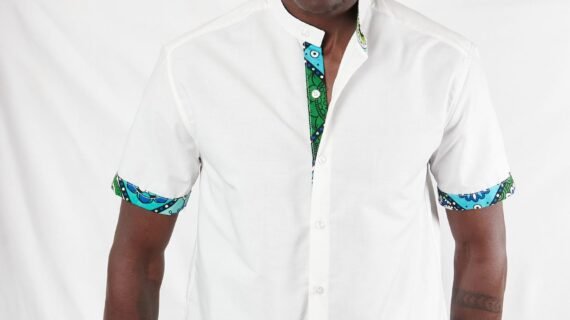 White Chinese Collar Ankara Kitenge Short Sleeve Shirt