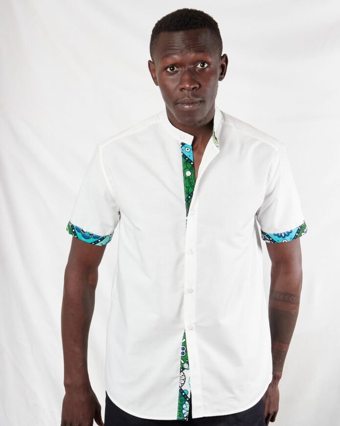 White Chinese Collar Ankara Kitenge Short Sleeve Shirt