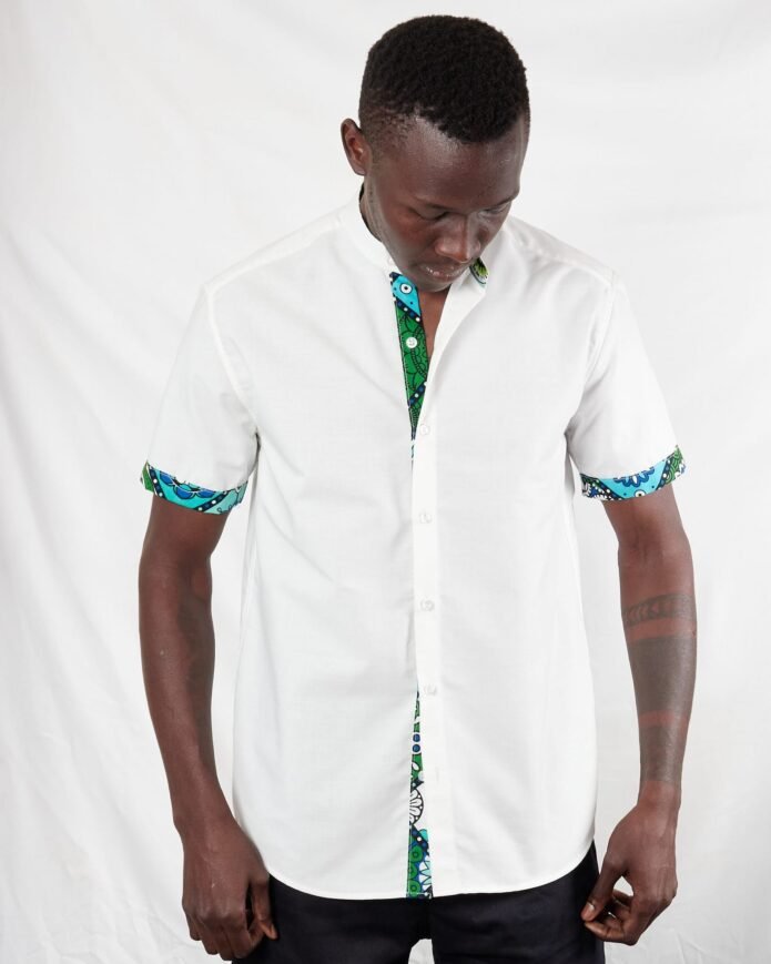 White Chinese Collar Ankara Kitenge Short Sleeve Shirt - Image 2