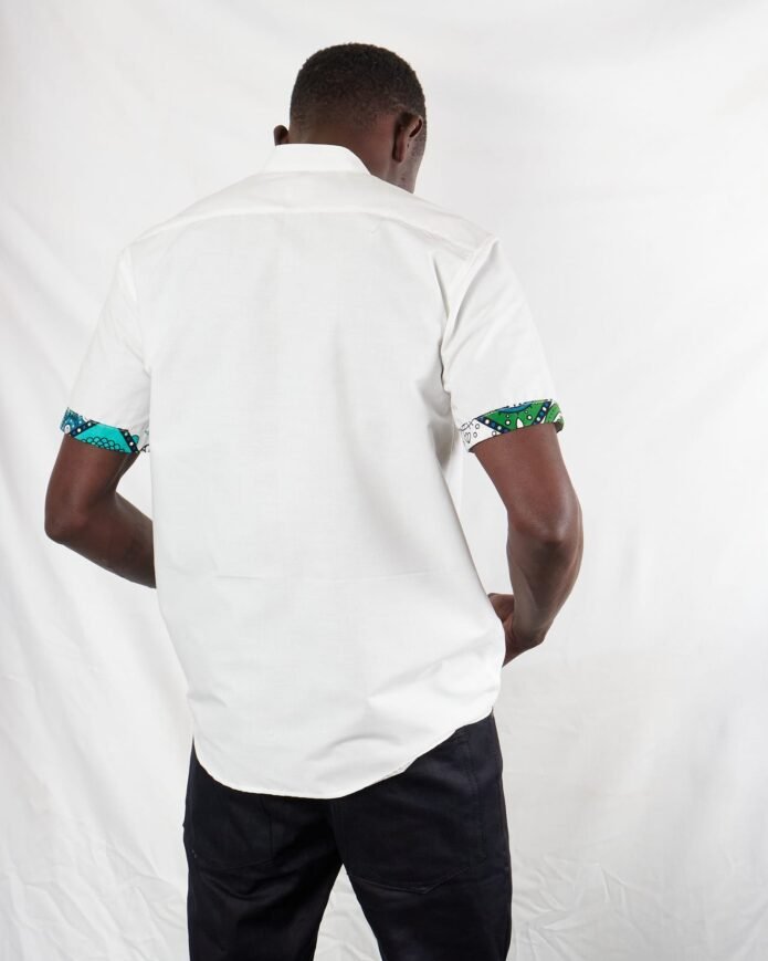 White Chinese Collar Ankara Kitenge Short Sleeve Shirt - Image 4