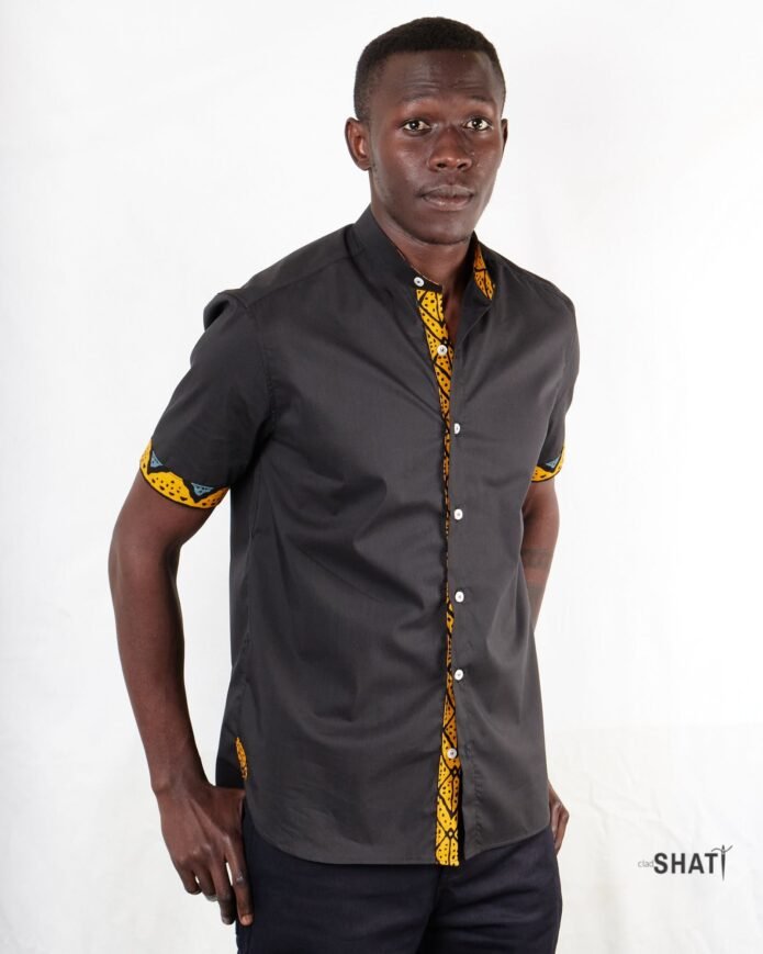Black Chinese Collar short sleeve kitenge Ankara Shirt