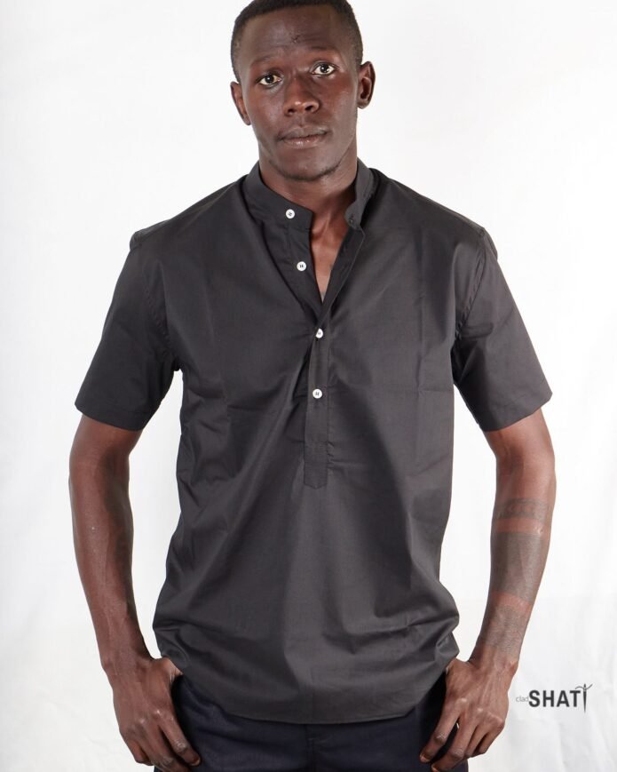 Black  Short Sleeved Chinese Collar Popover Shirt