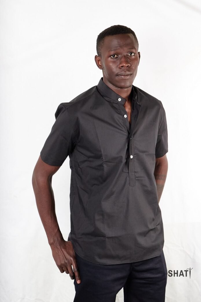 Black  Short Sleeved Chinese Collar Popover Shirt - Image 2