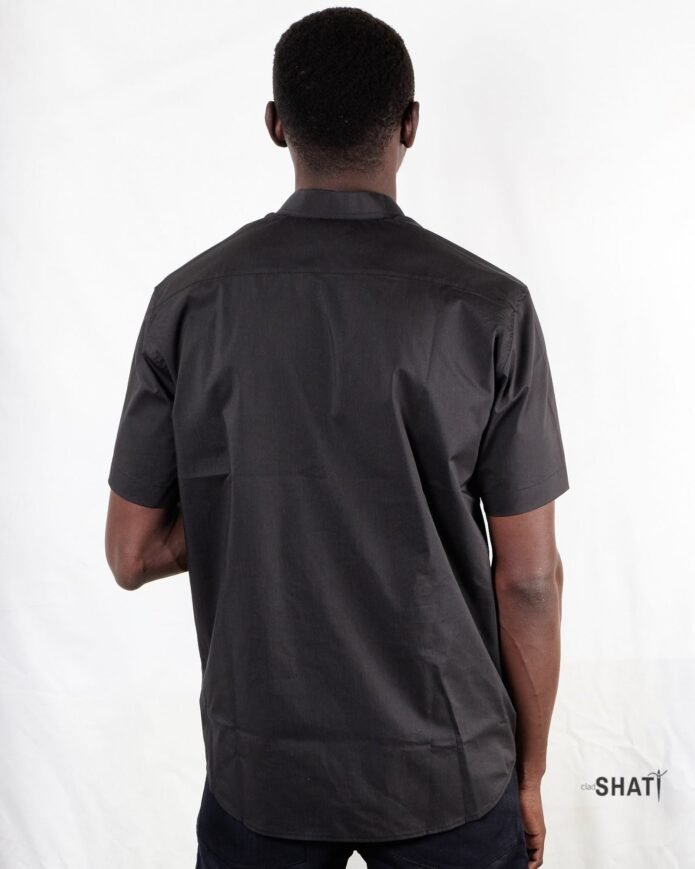 Black  Short Sleeved Chinese Collar Popover Shirt - Image 3