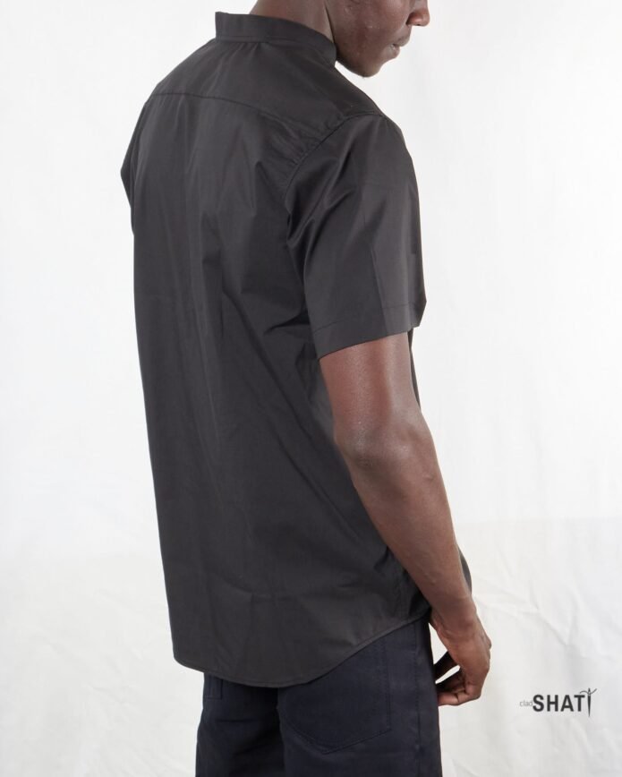 Black  Short Sleeved Chinese Collar Popover Shirt - Image 4