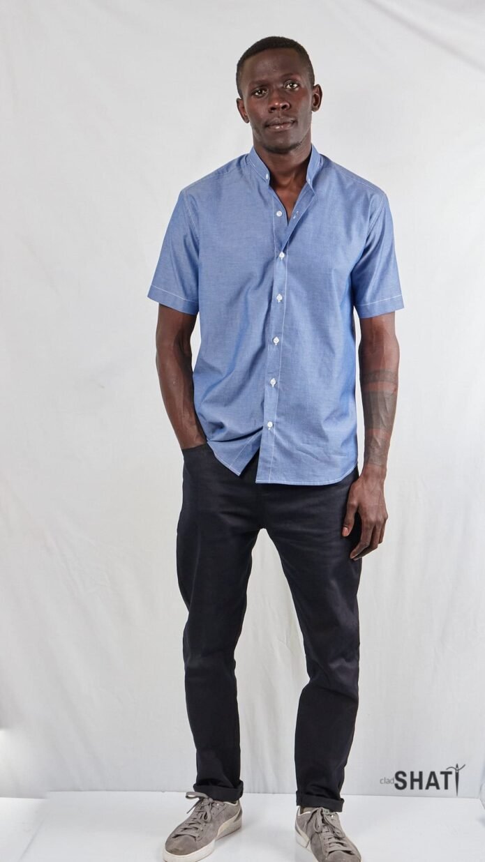 Blue short sleeve Chinese Collar men's shirt - Image 5