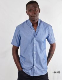 Blue short sleeve Chinese Collar men's shirt