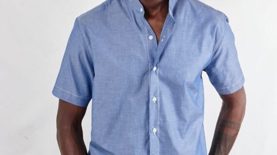 Blue short sleeve Chinese Collar men's shirt