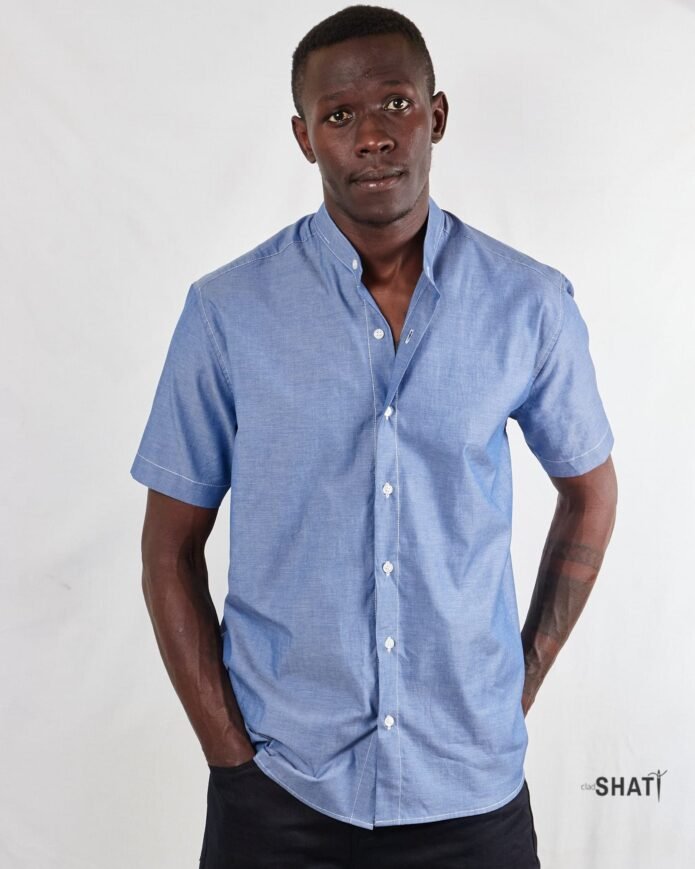 Blue short sleeve Chinese Collar men's shirt