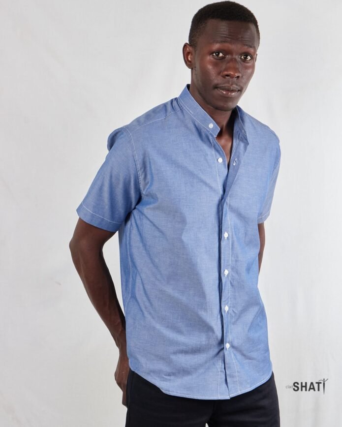 Blue short sleeve Chinese Collar men's shirt - Image 3