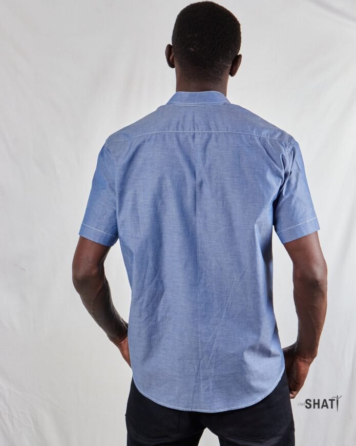 Blue short sleeve Chinese Collar men's shirt - Image 4