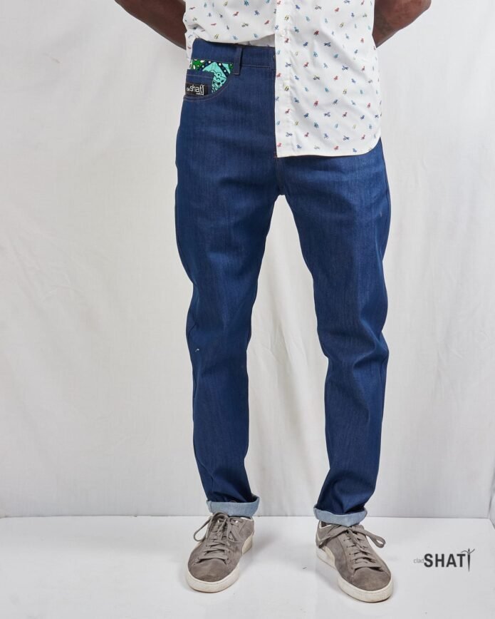 Blue kitenge Ankara pocket jeans.