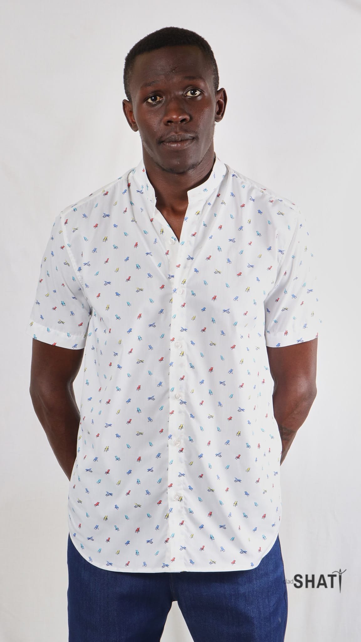 White Short Sleeve Beach Chair Print Button Down Men's Shirt - Image 4