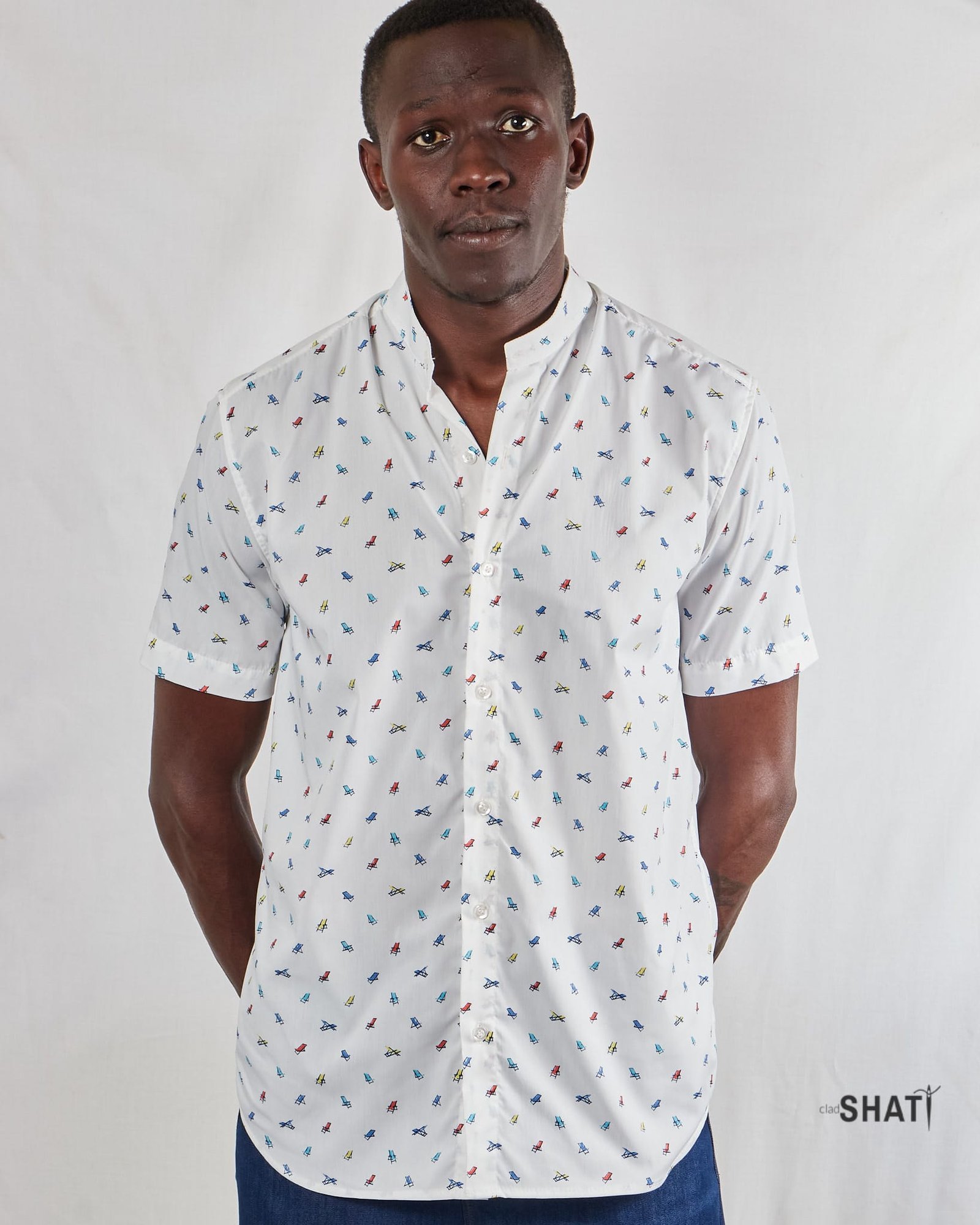 White Short Sleeve Beach Chair Print Button Down Men's Shirt