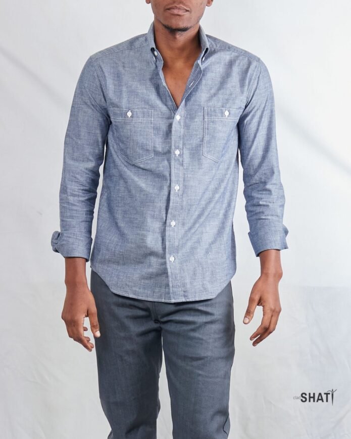Two Pocket long Sleeved Button Down Collar Chambray Mens Shirt