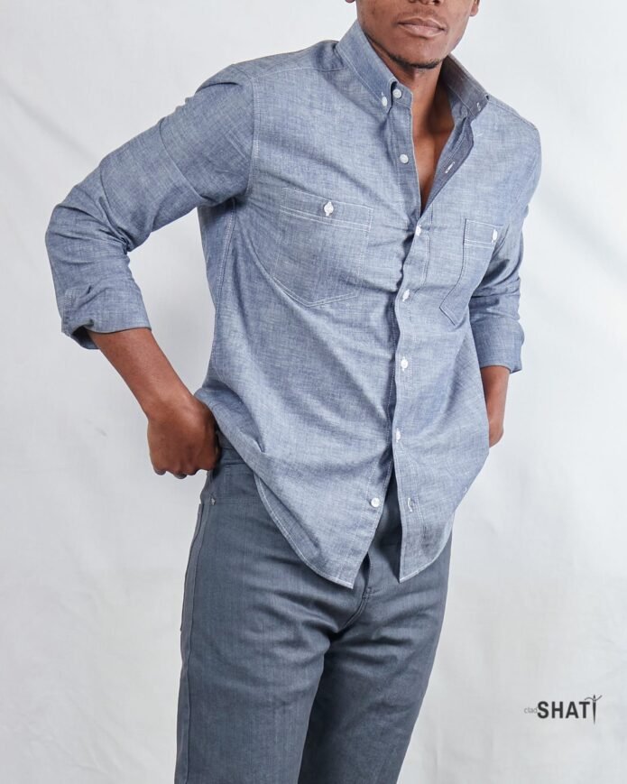 Two Pocket long Sleeved Button Down Collar Chambray Mens Shirt - Image 5
