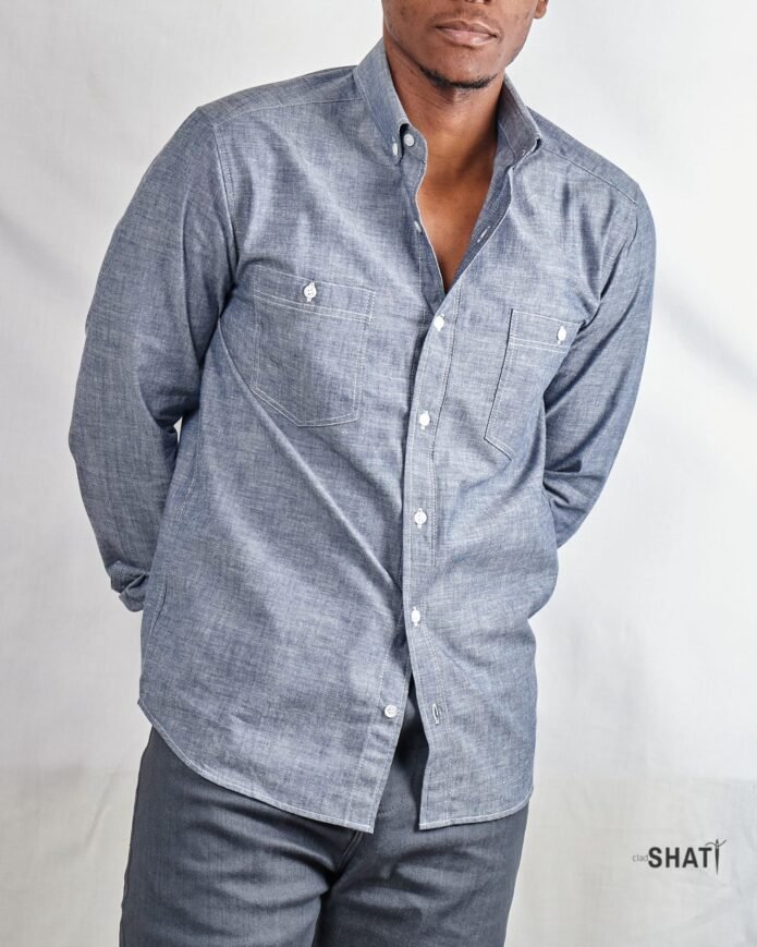 Two Pocket long Sleeved Button Down Collar Chambray Mens Shirt - Image 2