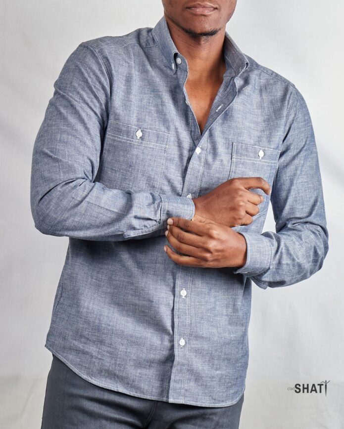 Two Pocket long Sleeved Button Down Collar Chambray Mens Shirt - Image 3