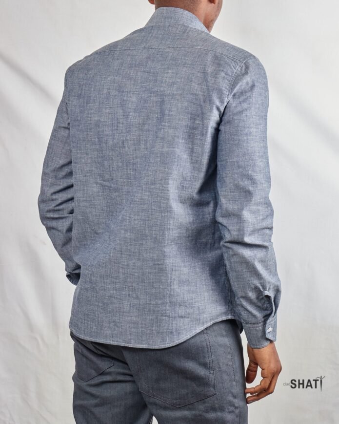 Two Pocket long Sleeved Button Down Collar Chambray Mens Shirt - Image 4