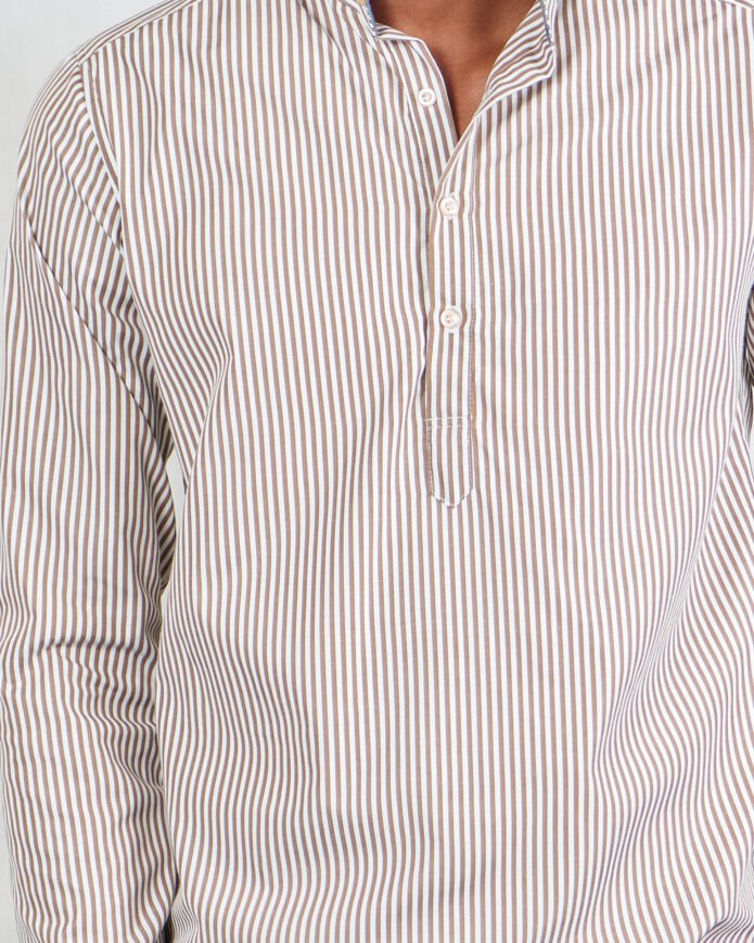 Brown Tripped Chinese Collar Long Sleeve Men's Cotton Shirt - Image 5