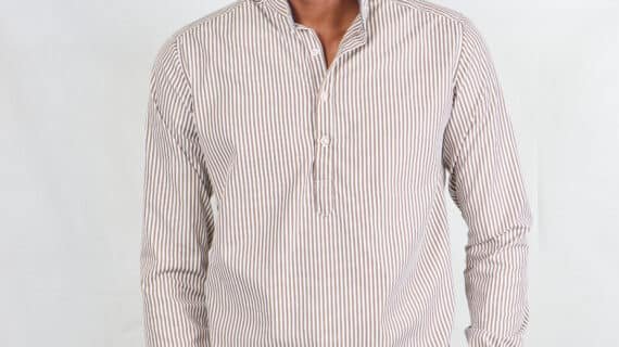 Brown Tripped Chinese Collar Long Sleeve Men's Cotton Shirt
